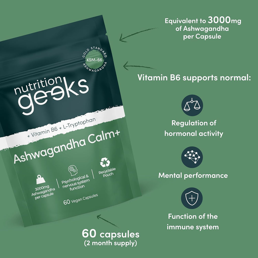 Ashwagandha KSM 66 Complex – 3000mg Enhanced with L-Tryptophan & Vitamin B6 (2 Month Supply) – Ashwagandha High Strength Capsules with 250mg Extract (Not Gummies or Powder) - Vegan, UK Made