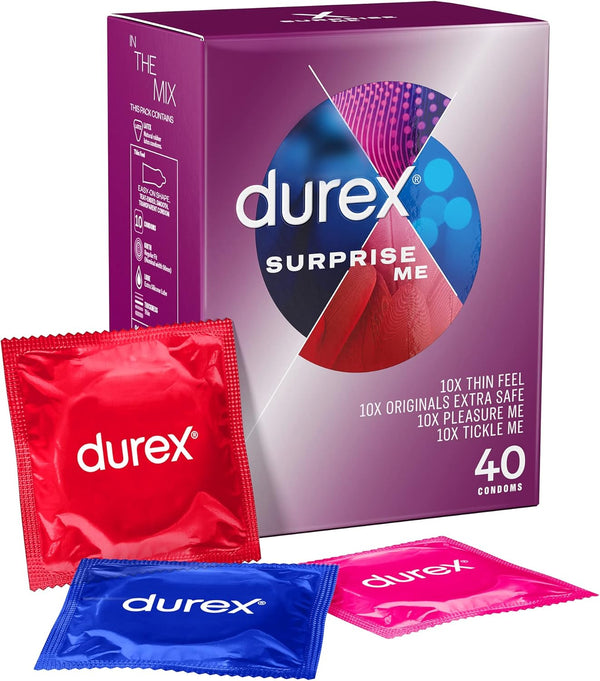 Durex Surprise Me Variety Pack, 40 Condoms, Thin feel, Extra Safe, Pleasure Me, Tickle Me, With Silicone Lube, Condoms Bulk for men, Regular Fit, Ribbed and Dotted, Easy on Shape, Teat Ended