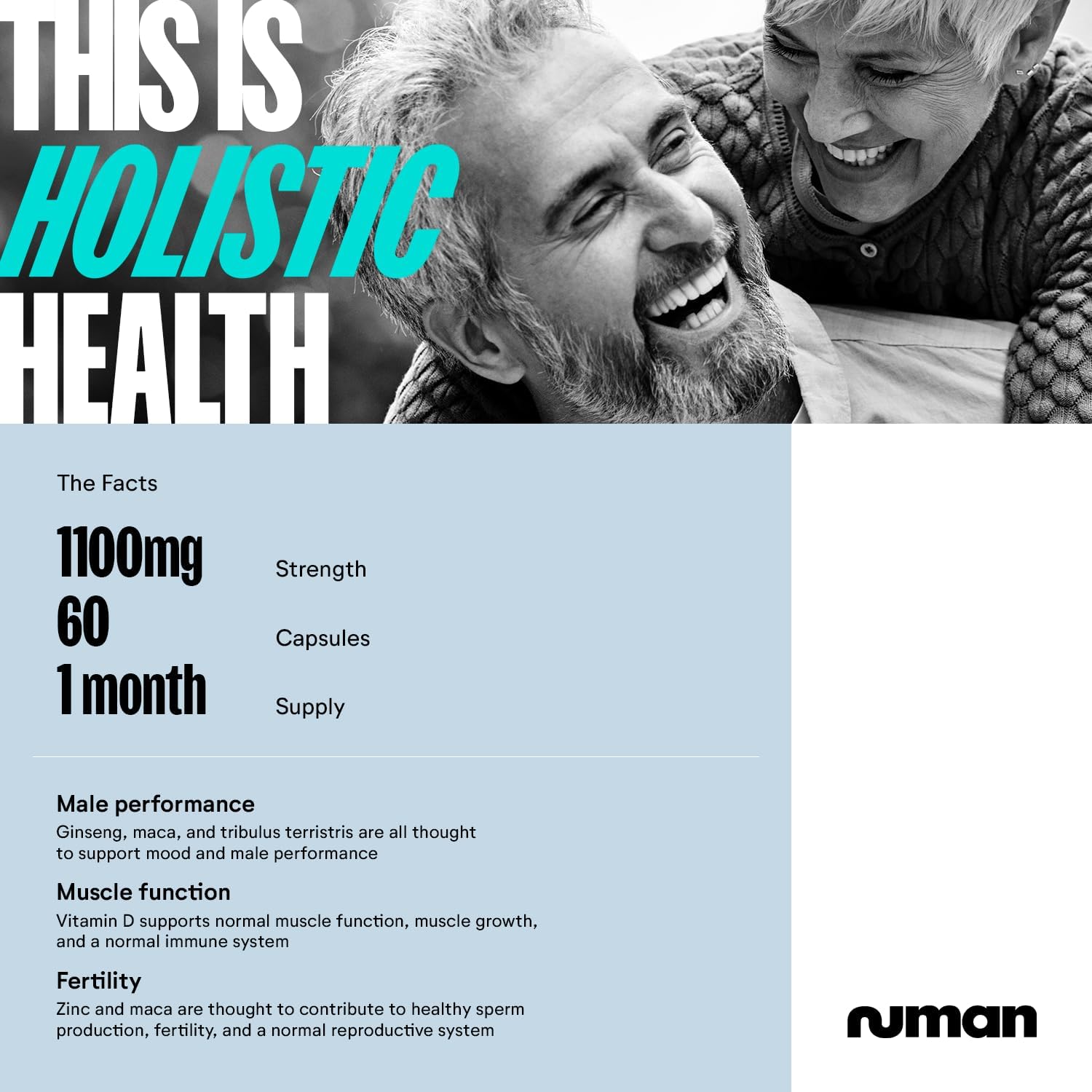 Numan Testosterone Support - Maca Root, Tribulus Terrestris, Zinc, Ginseng - Testosterone Supplements for Men, Essential Vitamins & Minerals - 1100mg per Serving - 60 Capsules
