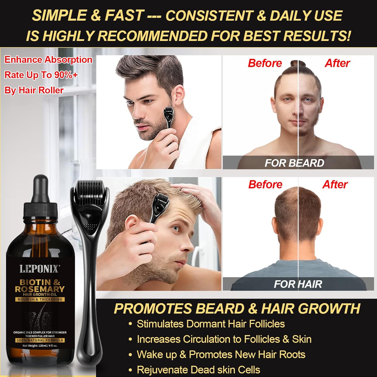 Rosemary Oil for Hair Growth, 120ml Diluted Rosemary Oil Hair Growth Serum with Derma Roller & Scalp Massager Hair Thickening Products Hair Loss Treatment for Men Women, Mens Gift Set