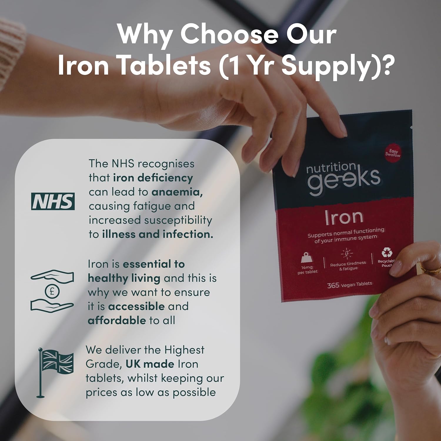 Iron Tablets High Strength 14mg - 365 Tablets, 12 Months Supply - Vegan Iron Supplements for Women and Men - Ferrous Fumarate, Reduces Tiredness and Fatigue - UK Made Vitamin